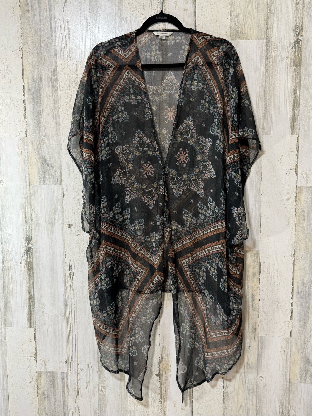 American Eagle Sheer Floral Paisley Kimono in Gray with Pink and Yellow Accents